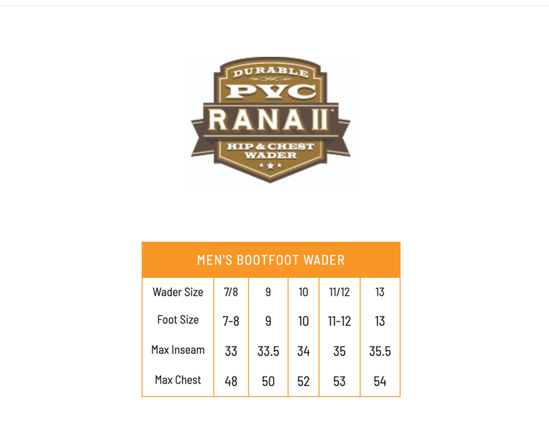 Load image into Gallery viewer, Frogg Toggs Mens Brown Rana II PVC Felt Bootfoot Hip Waders Size Chart
