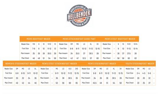 Youth Hellbender Pro Stockingfoot Chest Wader Size Chart