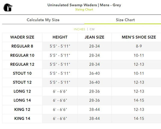 Gator Waders Mens Gray Uninsulated Swamp Waders Sze Chart