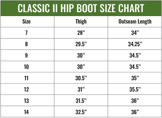 Frogg Toggs Classic II Cleated Bootfoot Hip Waders - Brown Size Chart