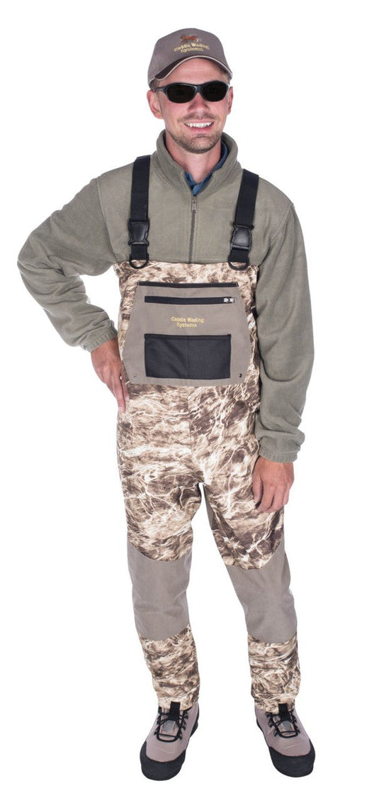 Man modeling Caddis Mens Mossy River Series Breathable Stockingfoot Waders