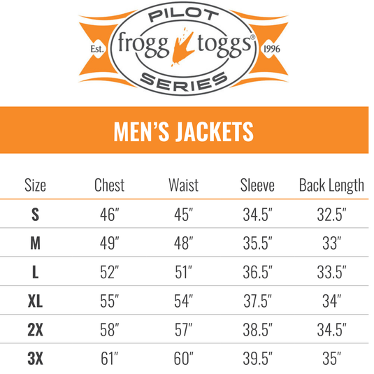 Frogg Toggs Mens Pilot ll Cruiser Jacket Size Chart