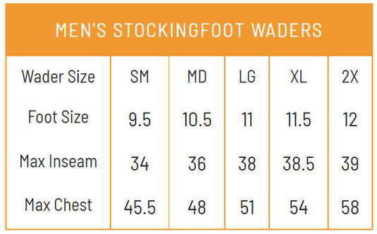 Frogg Toggs Mens Green Pilot River Guide HD Stockingfoot Chest Waders Size Chart