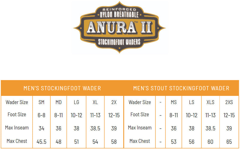 Load image into Gallery viewer, Frogg Toggs Mens Beige/Khaki Stout Anura II Stockingfoot Chest Waders Size Chart
