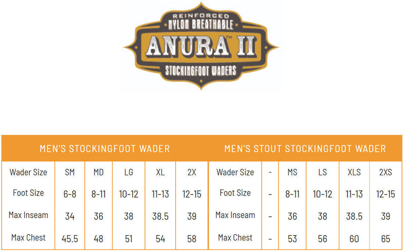 Load image into Gallery viewer, Frogg Toggs Mens Beige/Khaki Anura II Stockingfoot Chest Waders Size Chart
