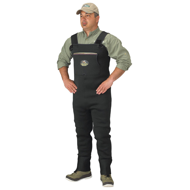 Load image into Gallery viewer, Man modeling Dark Green Neoprene Stockingfoot Waders

