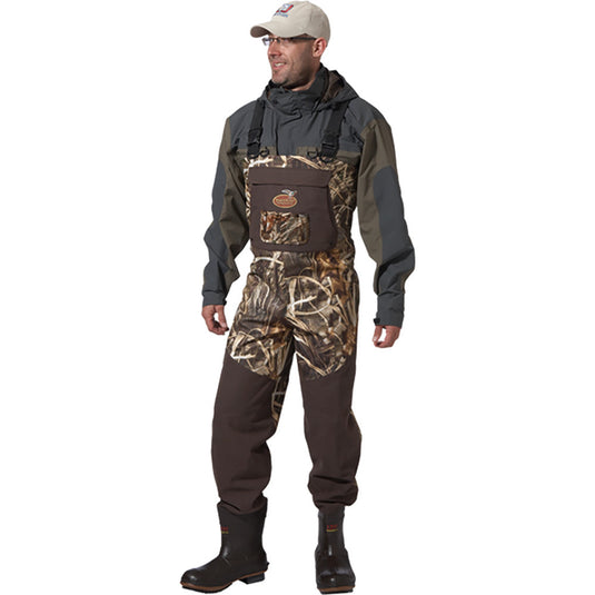 Man modeling Realtree Max-5 1200 Gram Northern Guide Breathable Bootfoot Waders