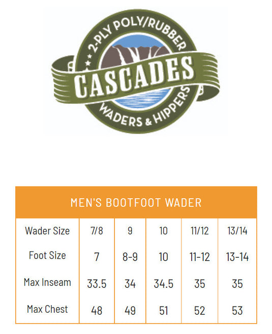 Frogg Toggs Mens Green Cascades 2-Ply Poly/Rubber Felt Bootfoot Chest Waders Size Chart