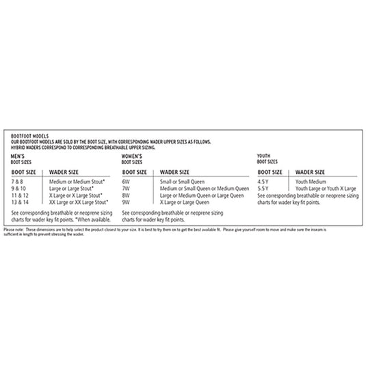 Sizing chart for bootfoot waders