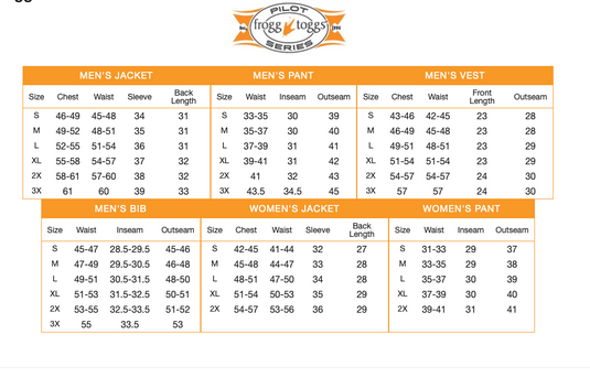 Frogg Toggs Mens Black/Silver Pilot Rider's Pants Size Chart
