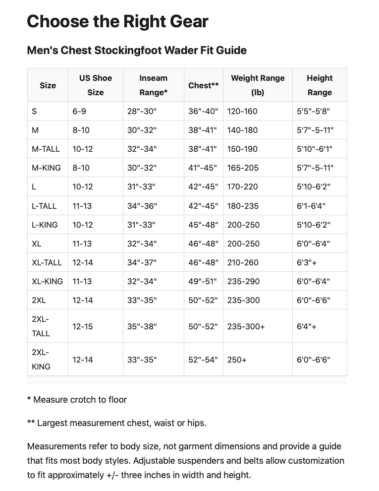 Load image into Gallery viewer, Hodgman Caster Neoprene Stockingfoot Waders - Brown/Black Size Chart
